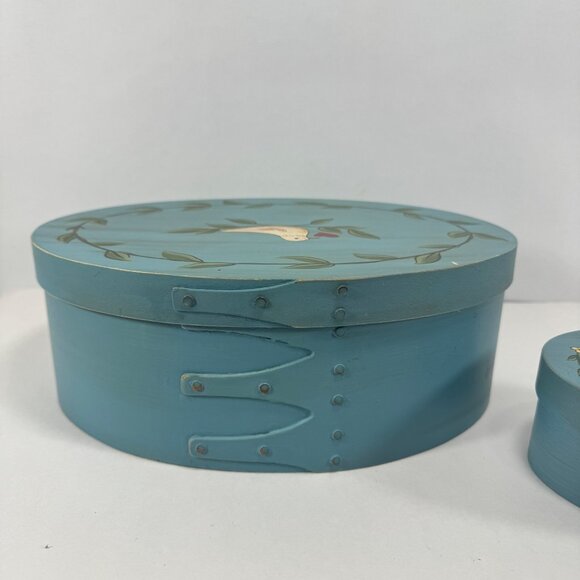 Russ Hand Painted Wood Cheese Box Trinket Storage Blue Folk Art Cottagecore - Picture 4 of 12